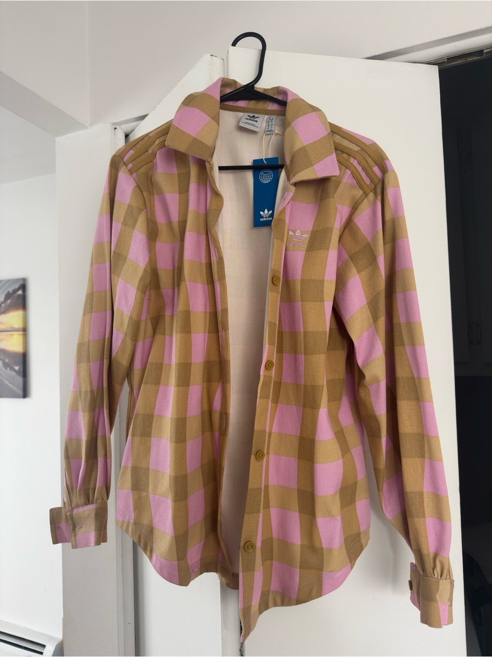 adidas Pink and Tan Checkered Utility Shirt Jacket